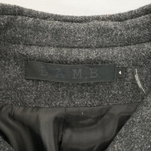 LAMB WOMEN'S GREY WOOL BLACK FAUX LEATHER GEO APPLIQUE BOMBER JACKET - 4 - Picture 7 of 11